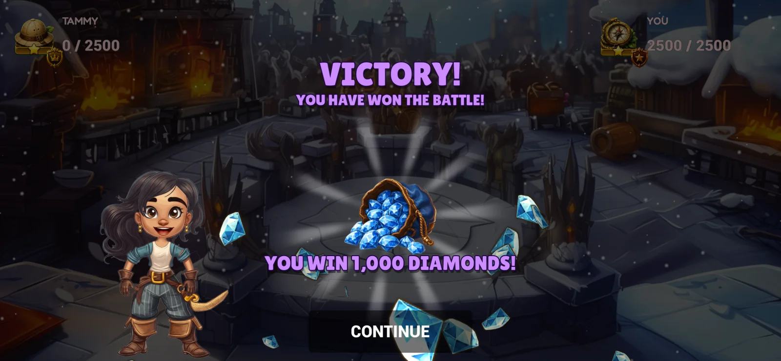 Victory screen — battle won, diamonds everywhere